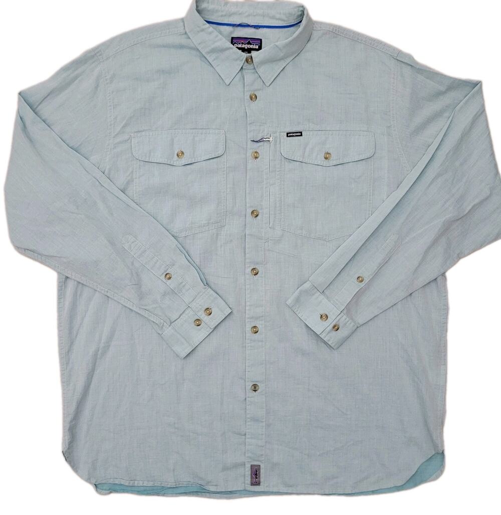 Patagonia Long Sleeve Cayo Largo Shirt Mens XXL Blue Hemp Organic Cotton Outdoor